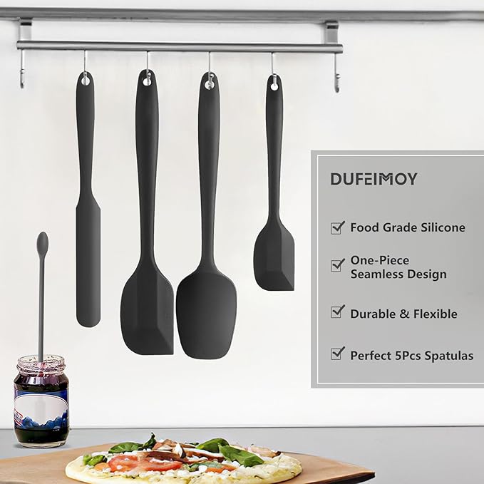 Silicone Spatula Set of 5, Rubber Spatulas Silicone Heat Resistant, Black Kitchen Spatula Set Dishwasher Safe for Nonstick Cookware Baking Cooking