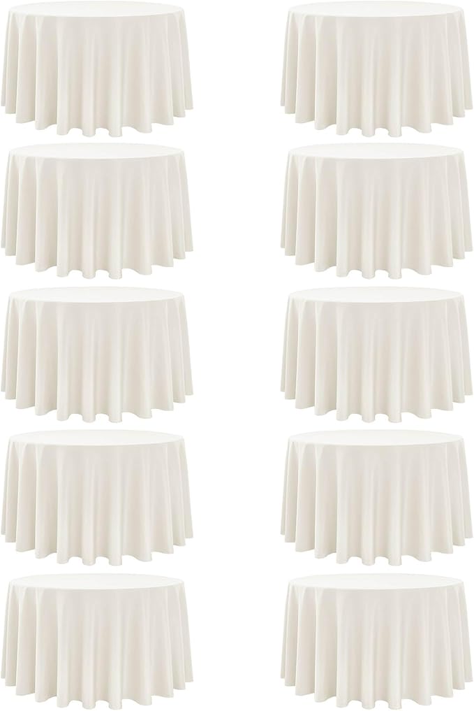 10-Pack Ivory Round Tablecloths, 108 Inches, Stain-Resistant Polyester for 4-5 Ft Round Tables - Washable Table Covers for Weddings, Banquets, Birthday Parties, Events