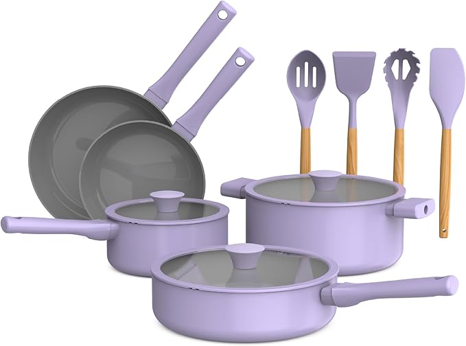 So Yummy by bella 12 Piece Cookware Set w EverGood™ Ceramic Nonstick Coating and Silicone & Wood Utensils, Dishwasher Safe Silicone & Glass Lids, Oven Safe & All Stovetop Compatible, Lavender