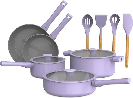 So Yummy by bella 12 Piece Cookware Set w EverGood™ Ceramic Nonstick Coating and Silicone & Wood Utensils, Dishwasher Safe Silicone & Glass Lids, Oven Safe & All Stovetop Compatible, Lavender