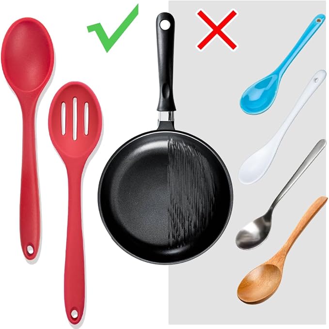 8 Pcs Heat Resistant Non Stick Silicone Serving Spoons Set -Ideal for Cooking, Baking, Mixing, Stirring Includes Slotted & Solid Spoons, Design for Nonstick Cookware (Red)