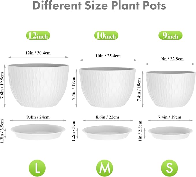 Meowell 12/10/9 inch Large Flower Pots, 3 Set Big Plant Pots for Outdoor Indoor Plants with Water Ripples, Wide Plastic Planters with Drainage Holes and Saucers for Garden House Plants, Speckled White