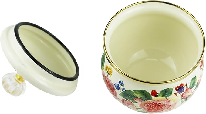 Floral Enamel Sugar Bowl Gold Ethnic Seasoning Jar Vintage Tea Canister Spice Box Retro Coffee Candy Storage Pot Bohemian Pink Flower Beige Salt Container Jar for Home Kitchen Decor