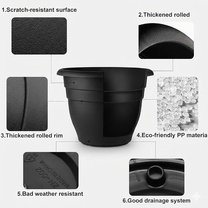 RooTrimmer 6 Pack 16 Inch Large Plant Pots Outdoor,Heavy Duty Plastic Planters with Drainage Holes,Lightweight Black Flower Pots for Indoor Outdoor Plants,Patio,Garden & Trees