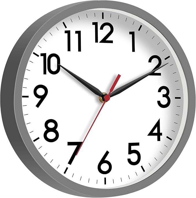 AKCISOT 8 Inch Wall Clock, Battery Operated Analog Clock, Silent Non-Ticking, Ideal for Bedroom, Bathroom, Kitchen, Office and School, Gray