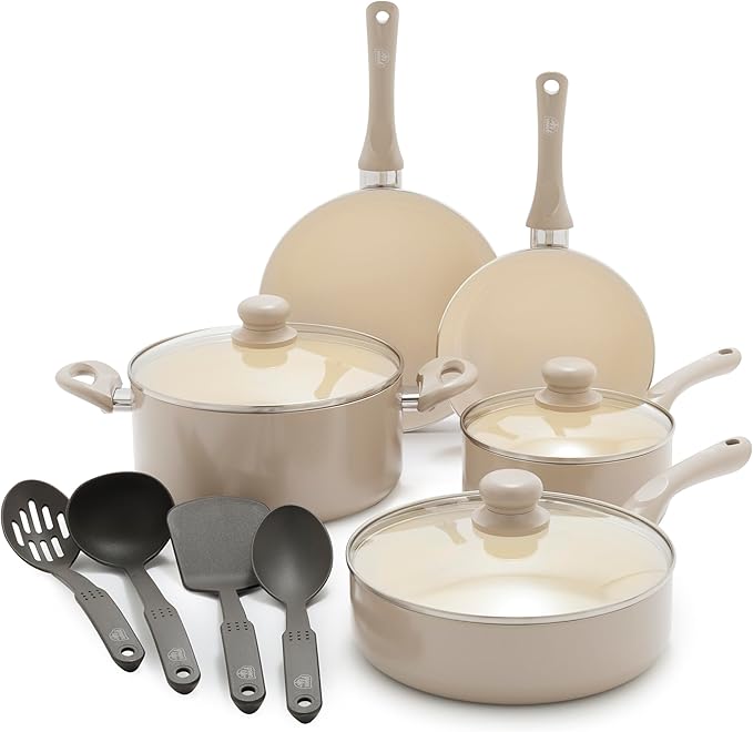GreenLife 16-Piece Nonstick Cookware Set, Non-Toxic Ceramic Pots and Pans Set, Durable Healthy Kitchen Essentials, Fast Heating, Induction Ready, Easy Clean Dishwasher Safe, PFAS-Free, Beige Taupe