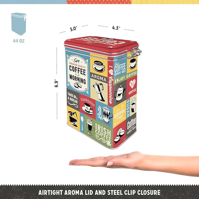 Nostalgic-Art Retro coffee tin box, 44 oz, Coffee Collage – Gift idea for coffee fans, metal clip top can, vintage design