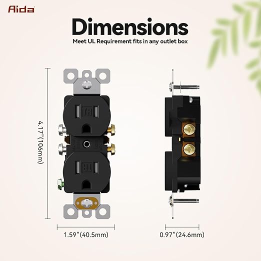 AIDA 50 Pack Matte Black 15 Amp Outlet Duplex Electrical Receptacle Outlets,Power Outlet,Tamper Resistant,Heavy-Duty Receptacle, 2 Pole,3-Wire, Self-Grounding Clip, NEMA 5-15R,UL Listed