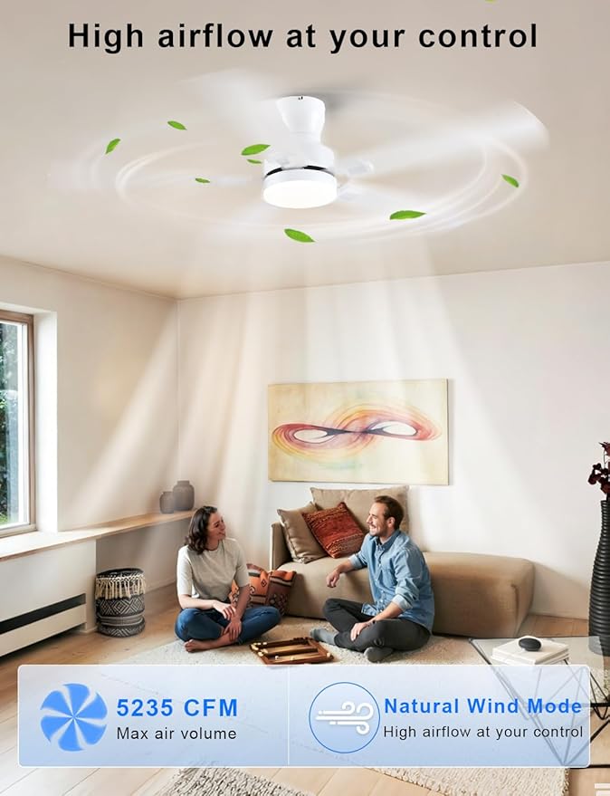 Ceiling Fans with Lights, 52 inch Low Profile Ceiling Fan with Light and Remote/APP Control, Modern Flush Mount Ceiling Fan for Indoor Bedroom Living Room, Dimmable, Qiuet DC Motor, White
