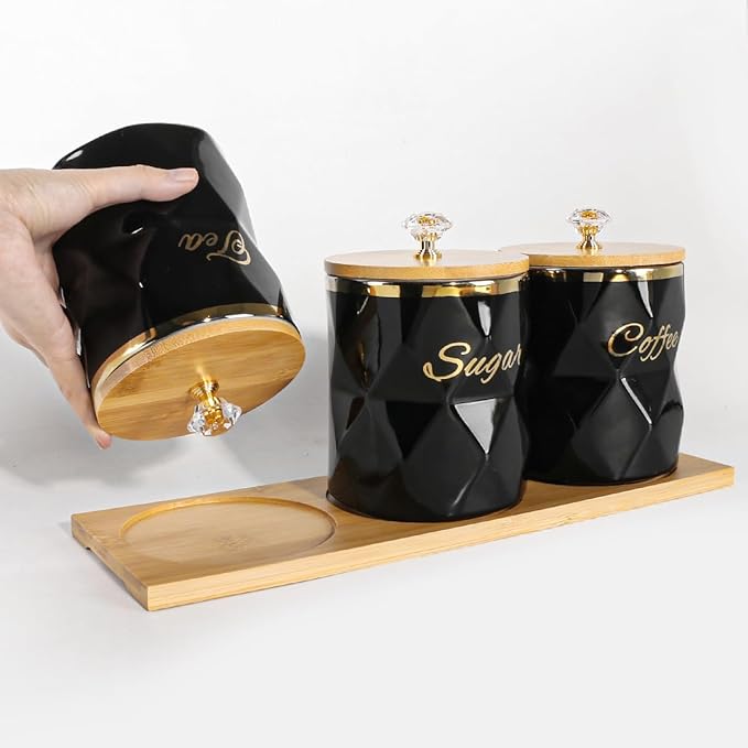 Black Ceramic Storage Canister for Coffee Sugar Tea Containers Set of 3, Coffee Sugar Tea Canisters Set with Bamboo Lids and Tray, Airtight Food Storage Jars for Kitchen Pantry