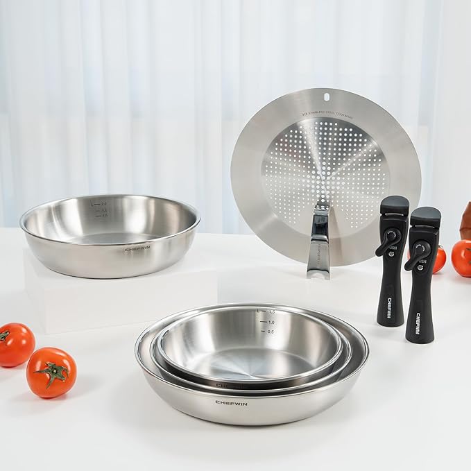 316 Stainless Steel Removable Handle Cookware, 5-Ply Stackable Cookware Set, 6-Piece Pans with Universal Lid, Induction Compatible, Oven & Dishwasher Safe