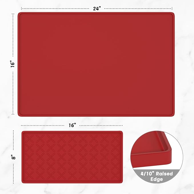 Rnivvi Silicone Coffee Mat, 16" x 24" Waterproof Raised Edge Coffee Bar Mats for Espresso Machine Station Accessories, Heat Resistant Detachable Dish Drying Pad for Kitchen Counter, Dish Rack, Red