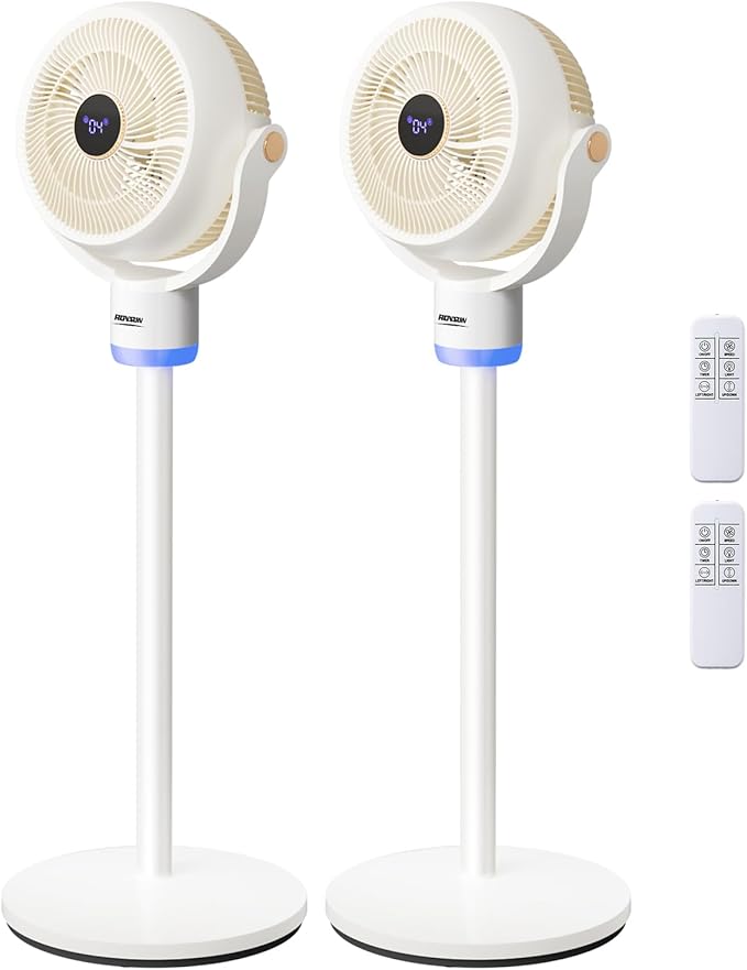 ROVSUN 3-in-1 Standing Fan for Bedroom, 40" Pedestal & Tabletop Fan, 120°+90°Omni-directional Oscillating Fan with Remote, Mood Lighting, 3 Speeds, 12H Timer and Adjustable Height, White 2-Pack