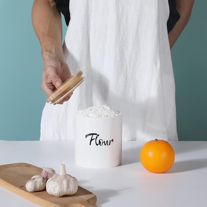 LEETOYI Porcelain Food Storage Containers with Lid, Small Size Design & Saves Space, 4.5 Inch White, Labeled Flour