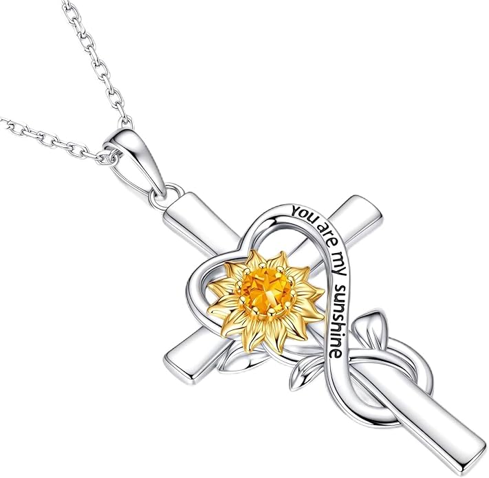 Iefil Mothers Day Gifts for Wife Mom - Sunflower Cross Necklace, 925 Sterling Silver Birthstone Necklace for Women Wife Mom