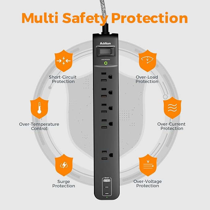 2 Pack Power Strip Surge Protector - 5 Widely Spaced Outlets 3 USB Charging Ports, 1875W/15A 6Ft Braided Extension Cord, Flat Plug Overload Protection, Wall Mount for Home Office Dorm Room Essentials