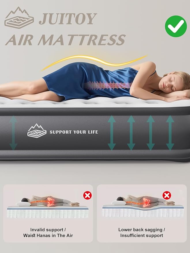 JUITOY Twin Air Mattress with Built in Pump, 18" Upgraded One-Touch Inflatable Airbed for Home, Camping Guests, Portable Blow Up Mattress, 440lbs Capacity