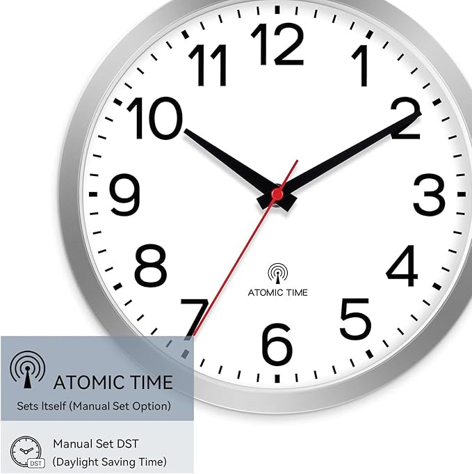 AKCISOT 10 Inch Wall Clock, Battery Operated Analog Clock, Silent Non-Ticking, Ideal for Bedroom, Bathroom, Kitchen, Office and School, Silver