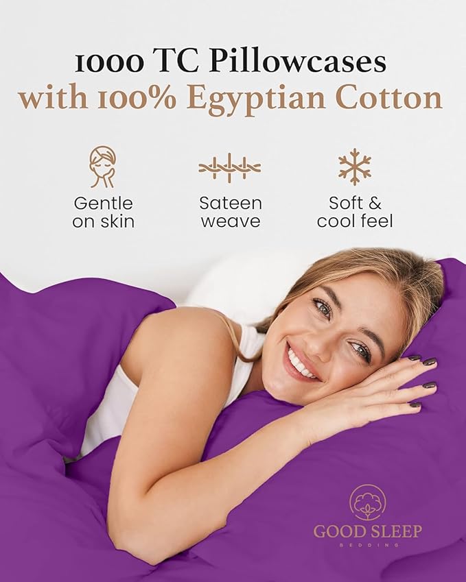 1000 TC Purple Standard Pillowcases Set of 2 100% Egyptian Cotton Pillow Cases with Long Staple Cotton & Sateen Weave, Silky Soft Hotel - Like Bed Pillow Covers for Comfy Sleeping, Snug Fit