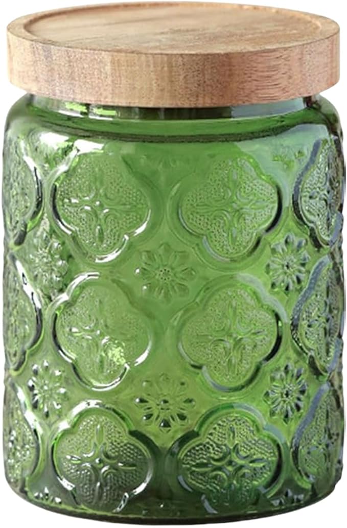 Glass Jar with Lid, Vintage Glass Storage Jars with Airtight Lid Coffee Canister Sugar Container for Kitchen Counter Pantry, Spice, Candy, Coffee Beans, Tea, Cookie (24 FL OZ Green Begonia)