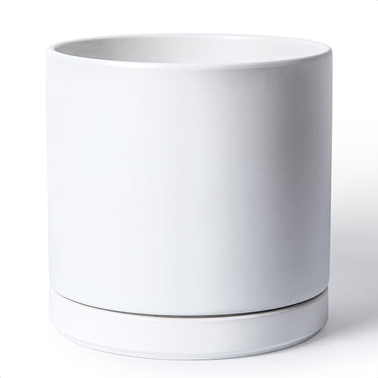 D'vine Dev 12 Inch Ceramic Planter Pot, White, 94-O-F-1 | Modern Cylinder Design, Drainage Hole & Saucer Included, Stable Structure, Elegant Home Accent