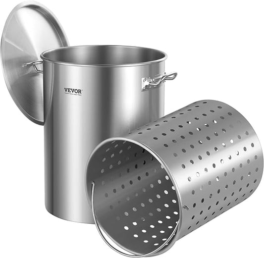 VEVOR Stainless Steel Stockpot, 36 Quart Cooking Pots, Cookware Sauce Pot with Basket, Lid, and Handle, Heavy Duty Commercial Grade Stock Pot, Sanding Treatment, for Steaming Boiling or Frying Silver