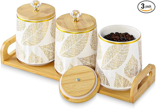 Ceramic Storage Canister for Coffee Sugar Tea Set of 3, Kitchen Pantry Container with Bamboo Lids and Tray, Airtight Food Storage Jars Kitchen Counter Storage Containers for Dining Table