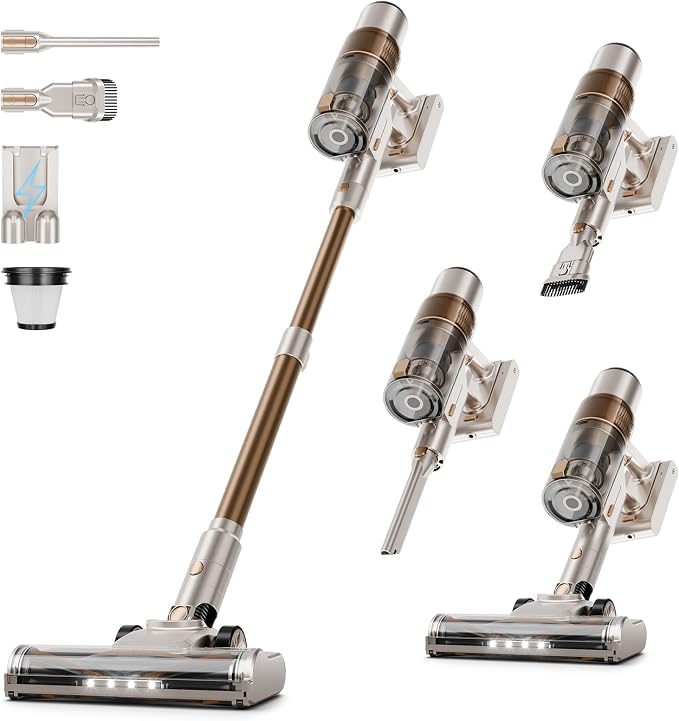Cordless Vacuum Cleaner:Portable 6-in-1 Stick Vacuum with Anti-Tangle Brush | LED Headlight, Self-Standing, HD Display, Rechargeable Vacuum for Pet Hair, Low-Pile Carpet and Hardwood Floor-Off White