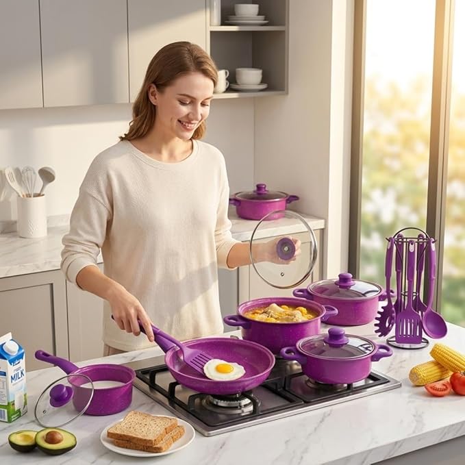 Nonstick Cookware Set, 13-piece Nonstick Cookware Set, Non Stick Pots and Pans with Frying Pan, Saucepans, Milk Pot & Utensils for Home Cooking, Purple