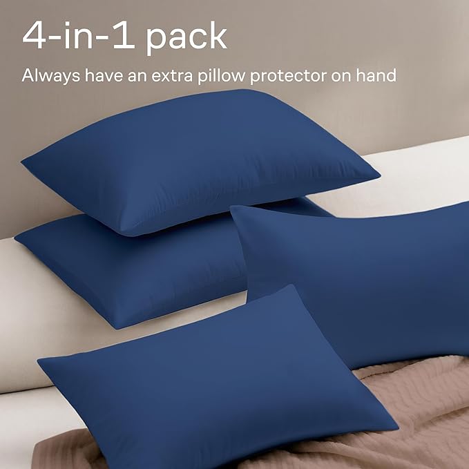 Ultra Soft Pillow Protectors with Zipper Standard Size - Set of 4 Breathable Pillow Covers - 100% Protection Against Stains, Dust & Dirt - Machine Washable (Navy Blue)