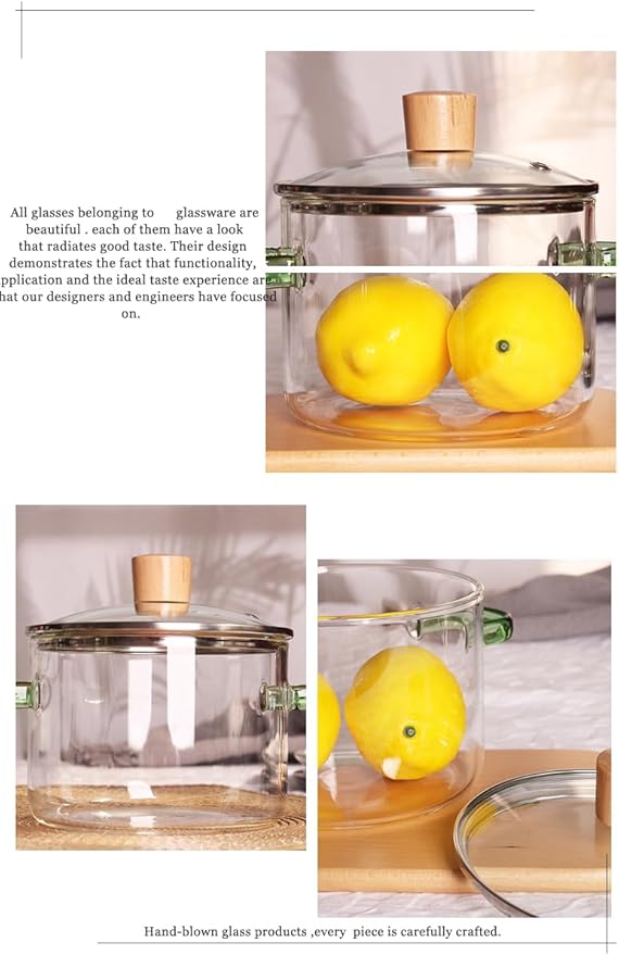 Glass Cooking Pot with Cover, Heat Resistant Glass Saucepan Cooking Pot and Pan with Lid, Glass Cookware Set Cooktop Safe for Pasta Noodle, Soup, Milk, Baby Food (Yellow wooden bead lid- 1700ml)