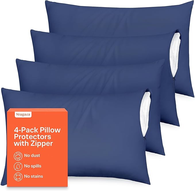 Ultra Soft Pillow Protectors with Zipper Queen Size - Set of 4 Breathable Pillow Covers - 100% Protection Against Stains, Dust & Dirt - Machine Washable (Navy Blue)