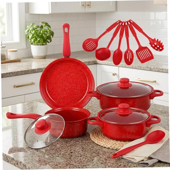 Nonstick Cookware Set, 13-piece Nonstick Cookware Set, Non Stick Pots and Pans with Frying Pan, Saucepans, Milk Pot & Utensils for Home Cooking, Red
