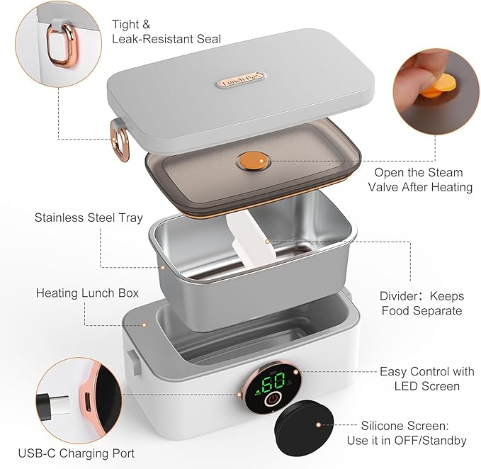 Portable Cordless Electric Heated Lunch Box for Adults,Heating Food Warmer Lunch Box,Rechargeable 16000mAh Battery,1000ml Capacity Inner Container,Lunchbox for Travel,Outdoor,Picnic,Office