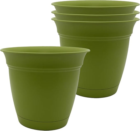 The HC Companies 8 Inch Eclipse Round Planter Pots with Drainage Holes & Attached Saucer, Lightweight UV-Resistant Plastic Indoor Outdoor Planters, 4-Pack Flower Pots for Garden & Home Decor, Peridot