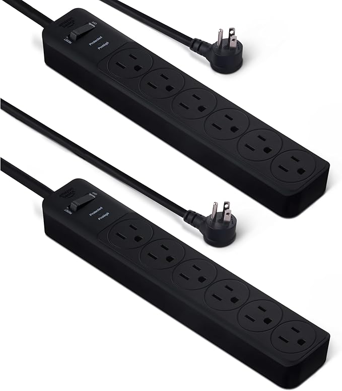 Amazon Basics Rectangle 6-Outlet Surge Protector Power Strip with Circuit Breaker, 600 Joule, 2ft Cord, Black, 2-Pack