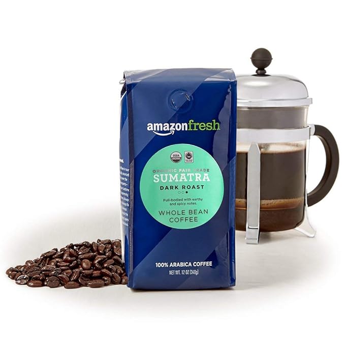 Amazon Fresh Organic Fair Trade Sumatra Whole Bean Coffee, Dark Roast, 12 Ounce (Pack of 2)