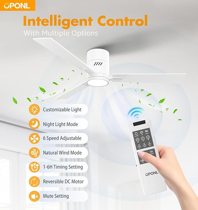 OPONL 52 Inch White Ceiling Fan with Light, Remote Control, Noiseless, Reversible, 6CCT, Dimmable, Timeable, Metal Housing Ceiling Fans with Lights for Bedroom, Indoor/Outdoor Use
