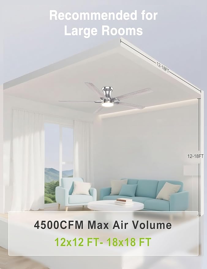 DAMINY 52 inch Nickel Ceiling Fans with Lights,5 Blades,6CCT, Low Profile,Remote Control,for Bedroom, Kitchen,Living Room,Indoor/Outdoor Use,Flush Mount