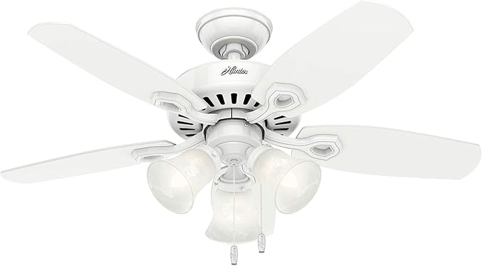 Hunter 42 inch Indoor Ceiling Fan with LED Lights - White Ceiling Fan with Pull Chain, For Bedroom or Living Room, Standard Mount, No Remote, 5 Blades, Includes Bulbs - Builder 52105, Snow White