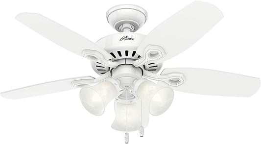 Hunter 42 inch Indoor Ceiling Fan with LED Lights - White Ceiling Fan with Pull Chain, For Bedroom or Living Room, Standard Mount, No Remote, 5 Blades, Includes Bulbs - Builder 52105, Snow White
