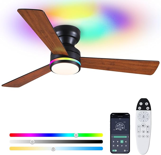 Asyko 46" RGB Ceiling Fans Light,Low Profile Ceiling Fans with Lights and Remote,Modern Flush Mount Ceiling Fan Light with Quiet Reversible DC Motor for Bedroom Kids Room