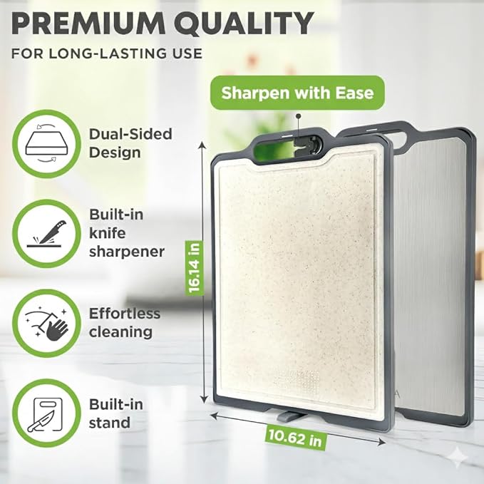 Non-toxicTitanium Cutting Board with Stand, Knife Sharpener, Grater & Storage Bag | Titanium + Wheatstraw PP Chopping Board | Healthy Kitchen Accessory for Meat, Vegetables & Fruit