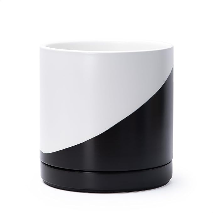 D'vine Dev 8.2 Inch Ceramic Planter Pot, Black White Diagonal, 94-O-D-K | Modern Cylinder Design, Drainage Hole & Saucer Included, Stable Structure, Elegant Home Accent