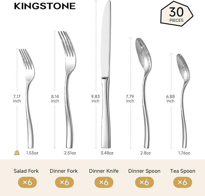 KINGSTONE Silverware Set for 6, 30-Piece Stainless Steel Flatware Set with Forks, Knives, Spoons, Dishwasher Safe Cutlery Set for Home, Wedding, Rust-proof