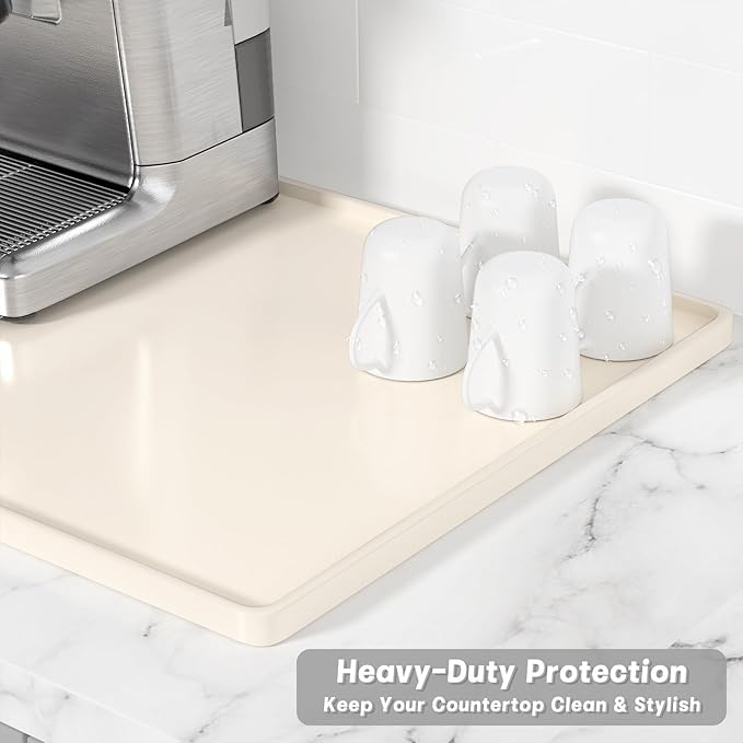 Rnivvi Silicone Coffee Mat, 16" x 24" Waterproof Raised Edge Coffee Bar Mats for Espresso Machine Station Accessories, Heat Resistant Dish Drying Pad for Kitchen Counter, Rubber Bar Decor Pad, Beige