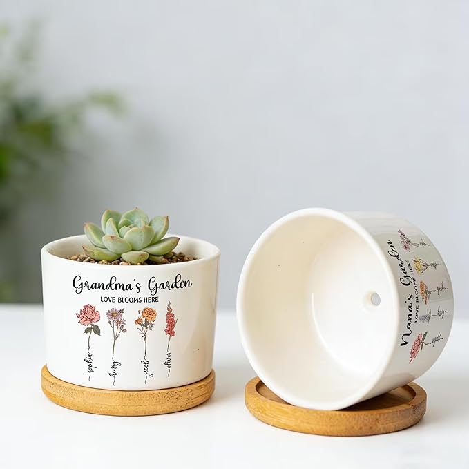 Personalized Mom's Garden Plant Pot, Custom Floral Month with Kids Names Plan Pot, Birth Flowers Mom Gifts from Daughter, Grandma Gift, Mama Gifts