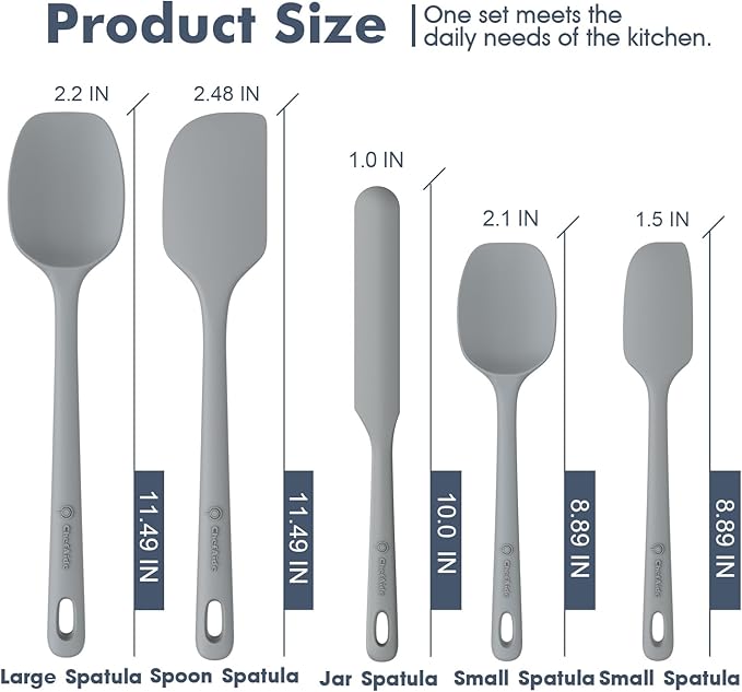 ChefAide 5 Pieces Silicone Spatula Set, Food Grade Rubber Spatula, Upgrade Strong Handle with Ergonomic Grip, Heat Resistant Up to 600°F for Nonstick Cookware, Cooking
