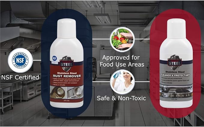 CLEAN MY STEEL Stainless Steel Rust Remover and Protector Kit, NSF Certified, 17 oz, Includes B570 Rust Remover, B580 Cleaner and Protector, Sponge and Gloves