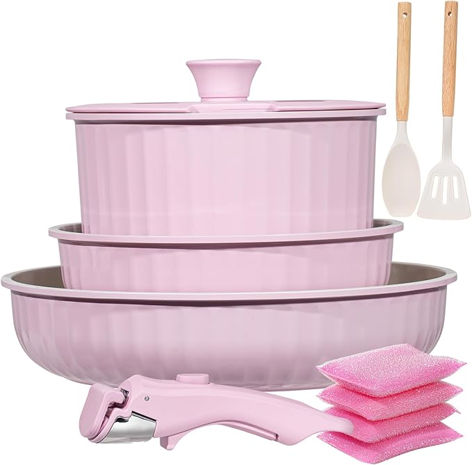 Vivicreate 11 Piece Pots and Pans Set Nonstick with Removable Handle, Induction Cookware, Stackable Kitchen Set for RV Camping Apartment, Frying Pan and Saucepan (Pink)